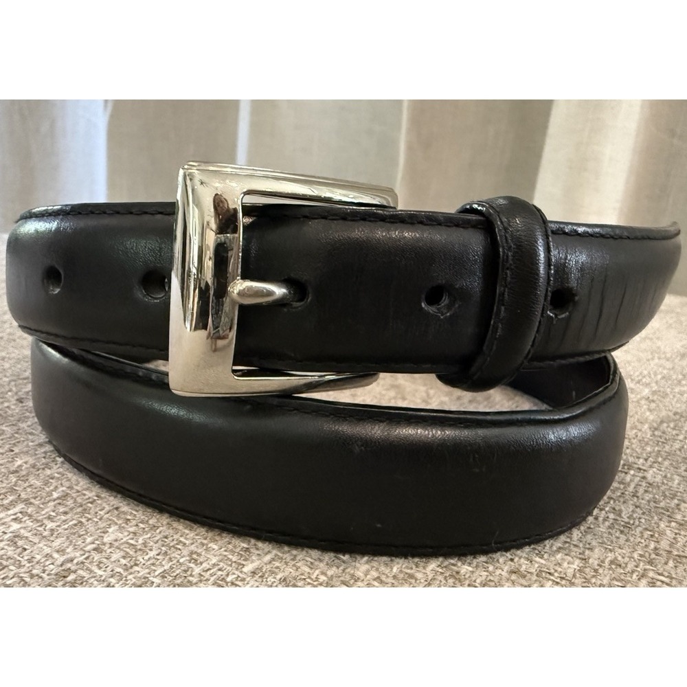 Polo Ralph Lauren Black Leather Belt Silver Buckle Classic Dress Casual Mens 38